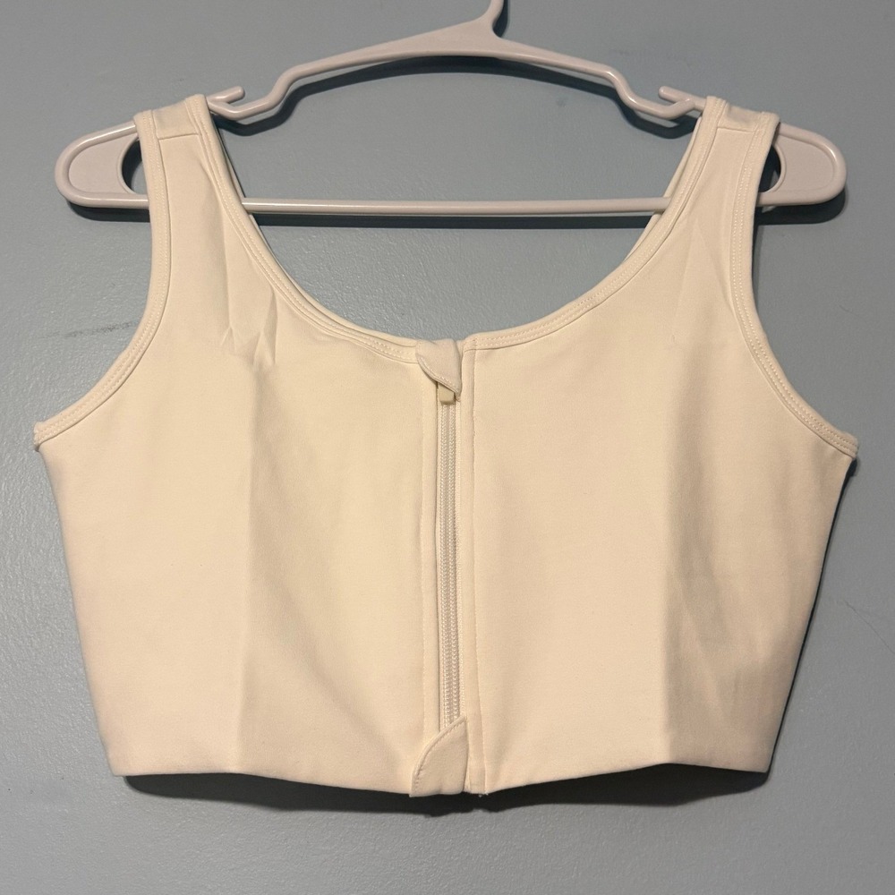 Women's Medium White Zip Front Crop Top Tank Scoop Neck Athleisure 2338